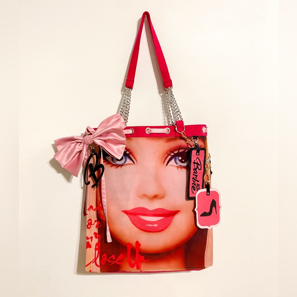 Custom reworked vintage Barbie face oversized tote bag.
